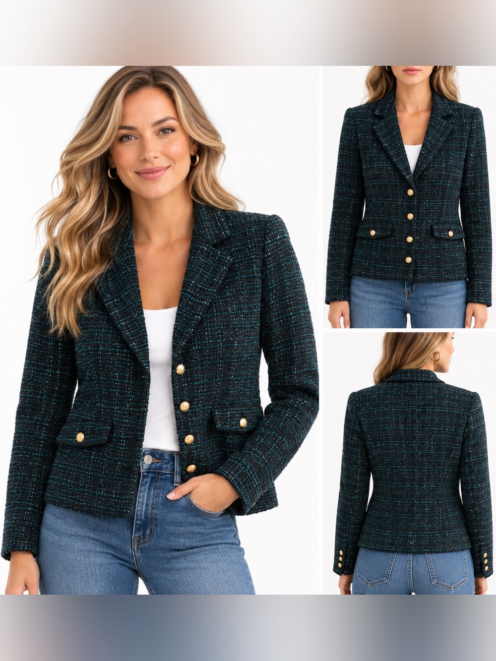Talbots Teal & Black Tweed Blazer with Gold Buttons